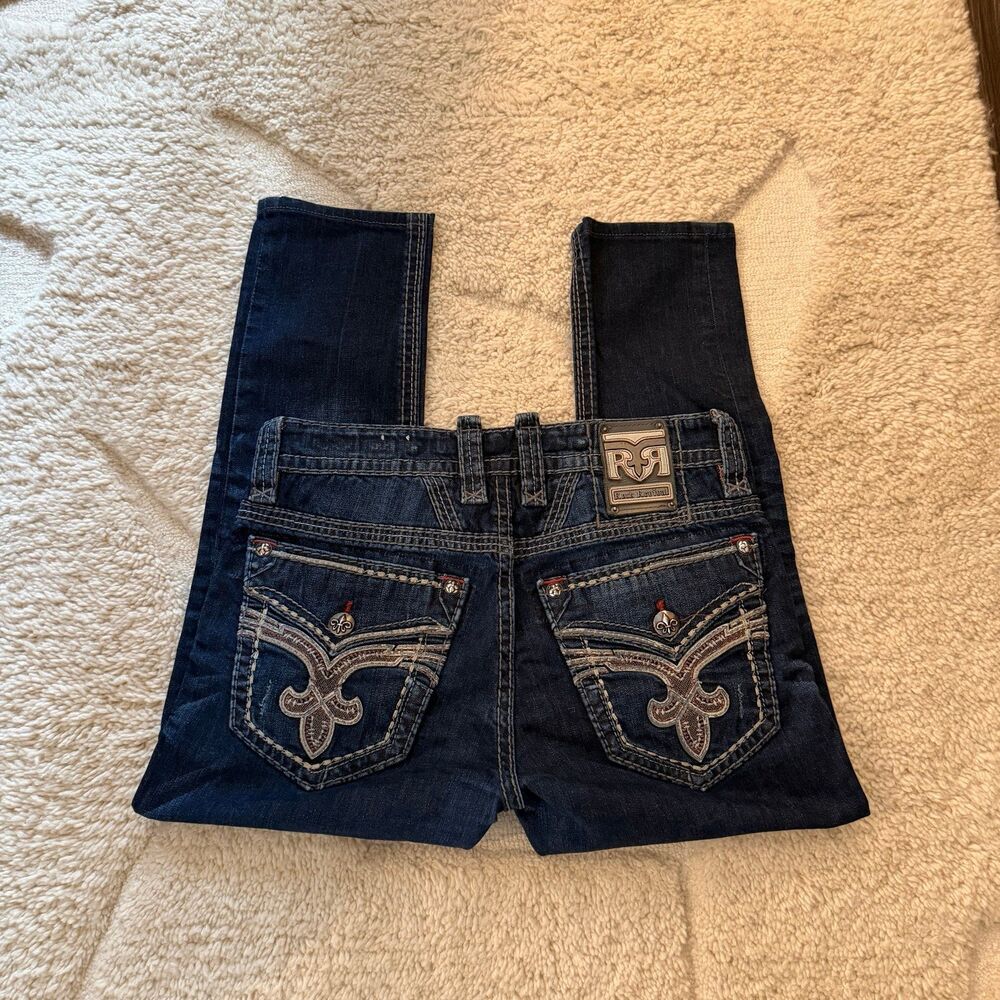 Rock Revival Kort Jeans 33 Slim Taper Dark Wash Red Fleur De Lis Y2K